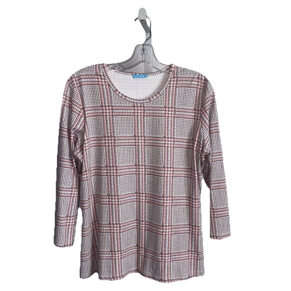 J McLaughlin Houndstooth Plaid Print Top Shirt Catalina Cloth Size XL Pink Tan - Picture 1 of 10